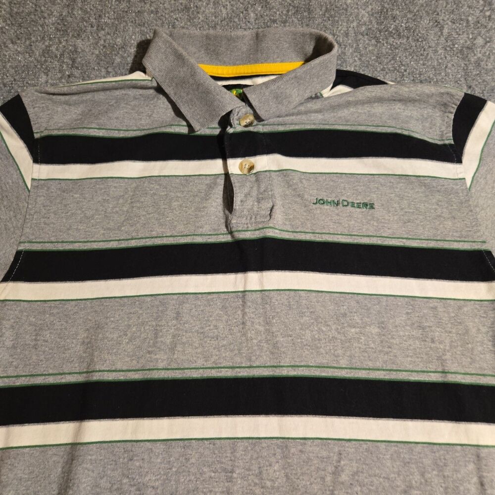 John Deere Polo Shirt Mens Medium Gray Striped Short Sleeve Pullover Cotton